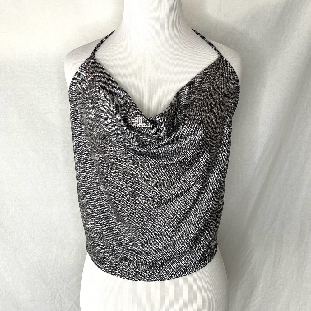 Solemio Tank Top Womens Small S  Metallic Silver Slinky Tie Back